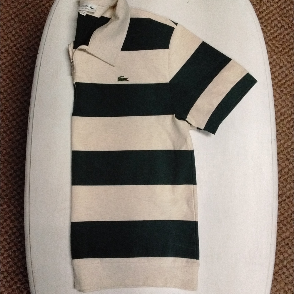 Lacoste Cream and Dark Green Striped Polo Shirt
